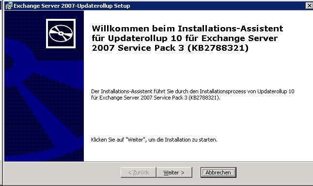 Start Installation Updaterollup 10 für Exchange 2007 SP3