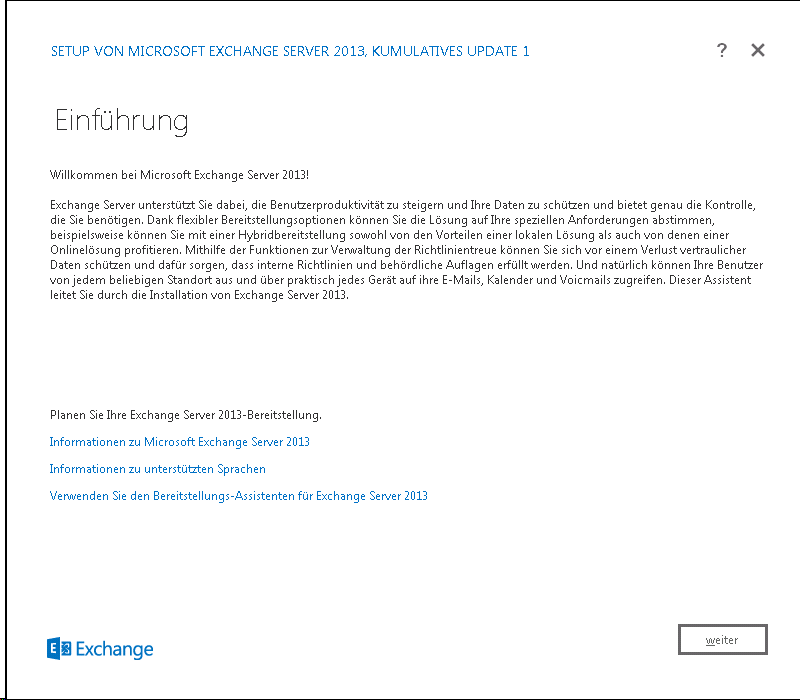 Start der Exchange 2013 Installation