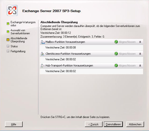 Bereit für die Deinstallation von Exchange 2007