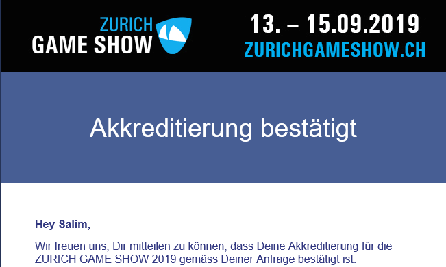 Zürich Game Show 2019 - Akkrediterung bestätigt